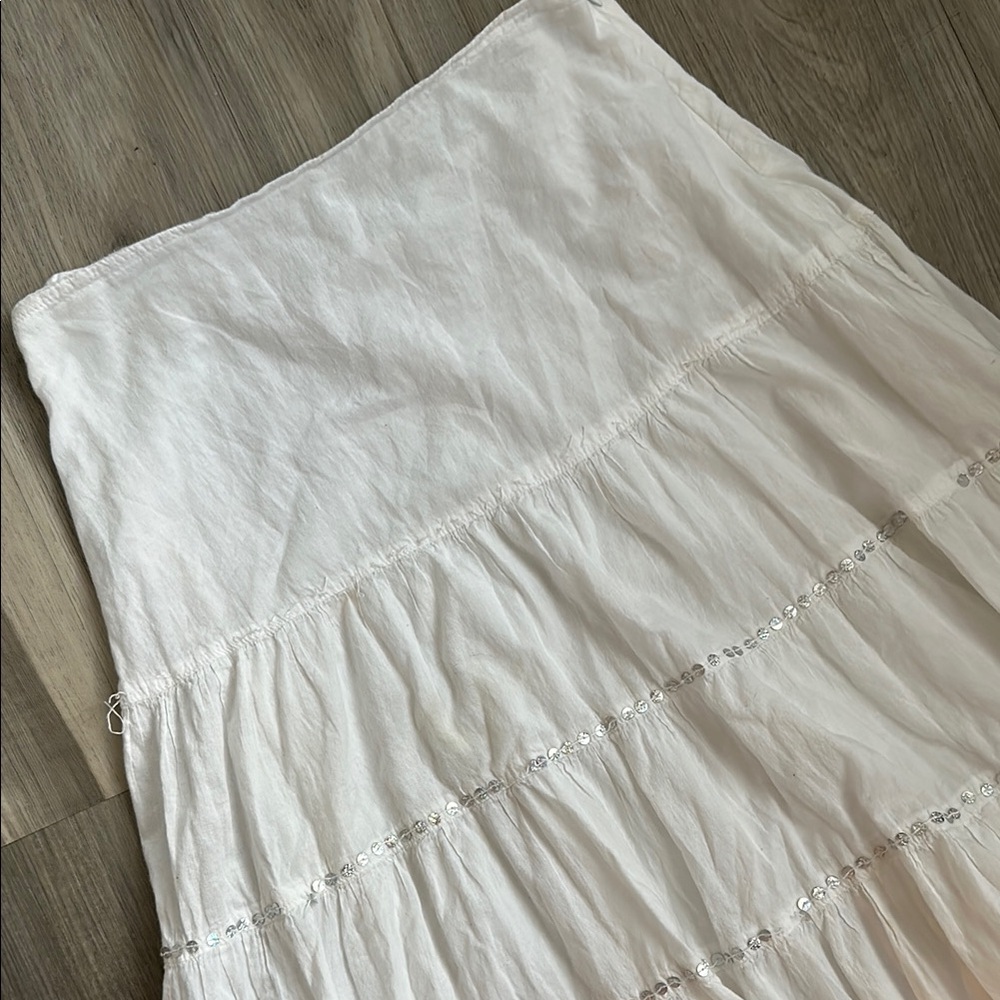 Vintage y2k Costal Cowgirl Boho sequin Cotton Gauzy White Tiered Maxi Skirt - Picture 3 of 10